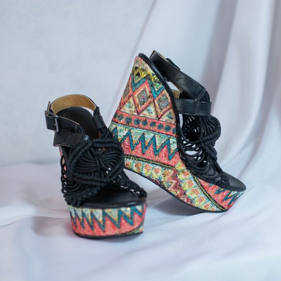 Dolce By Mojo Moxy Wild Thing Wedge Heel Macrame Platform Sandals Boho Sz 8.5 M - Picture 3 of 10